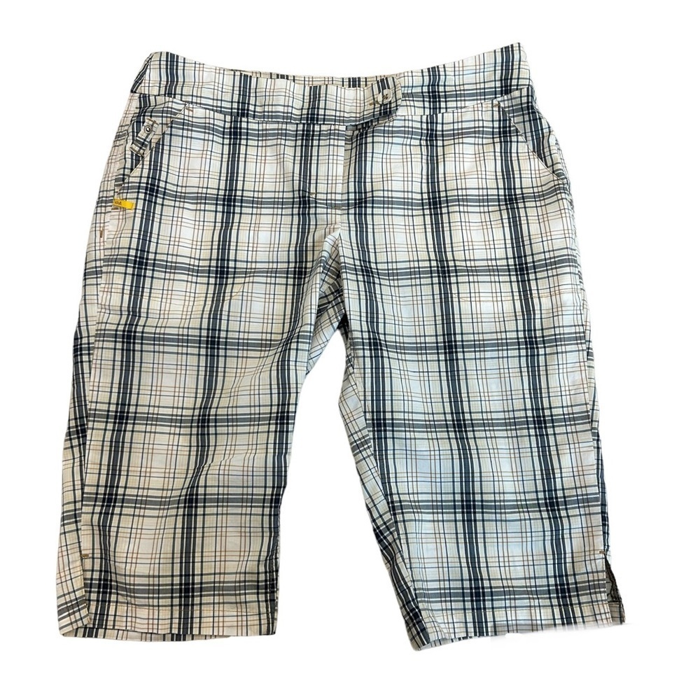 Lole white gray tan brown check plaid Bermuda shorts golf Sz 8